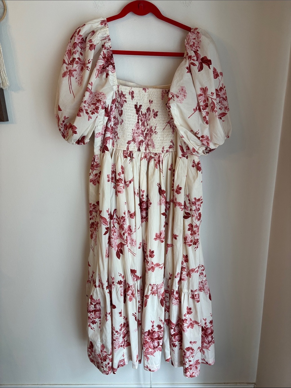 Abercrombie Emerson poplin Floral Puff-Sleeve Midi Dress Cream Rose Women LG EUC - Picture 10 of 12